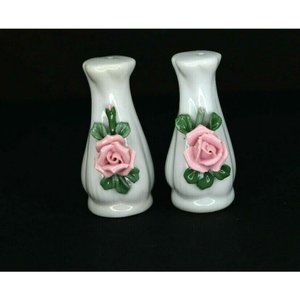 Vintage White Vases With Pink Roses Salt and Pepper Shakers